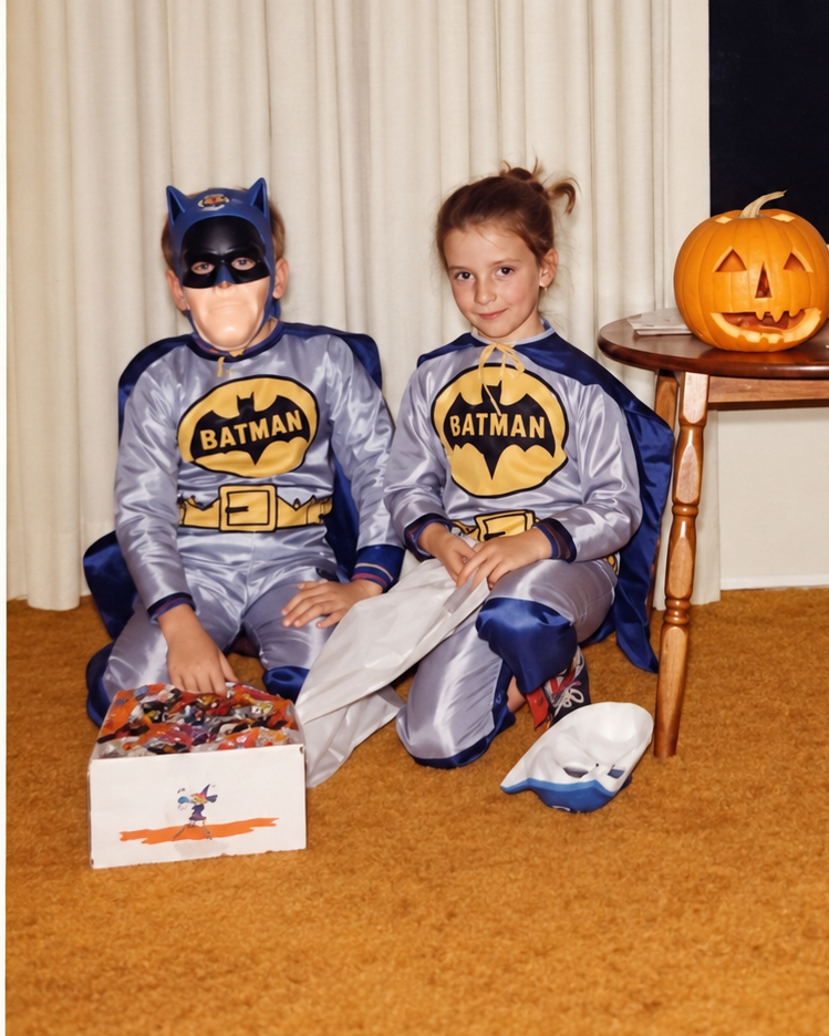 Mary as a child at Halloween in a Batman costume, her face uncovered, standing level with a boy whose face is hidden behind a Batman mask